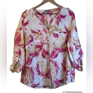 JM Collection Women 100% Linen Button Up Top Pink White Floral Size 16W